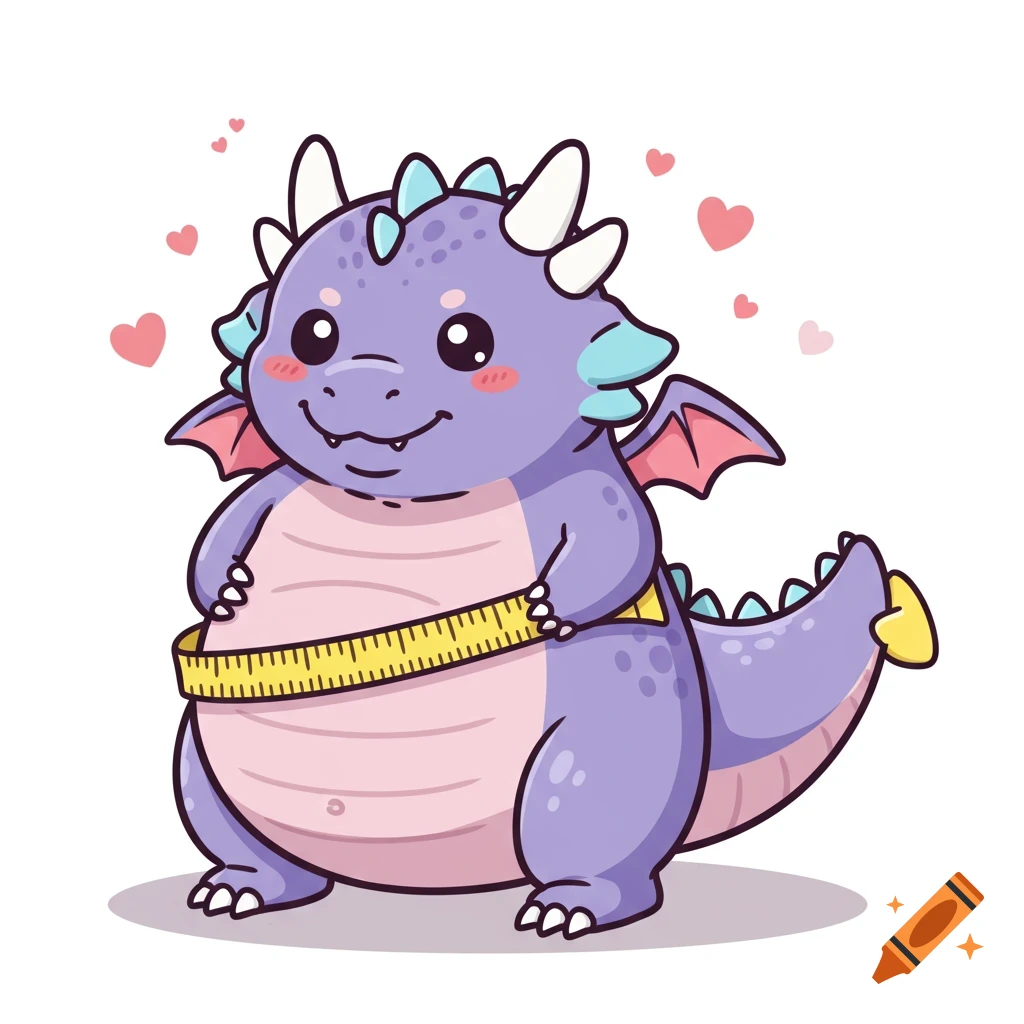 A cute, chubby purple chibi dragon with pink wings smiles while a yellow measuring tape is wrapped around its belly.