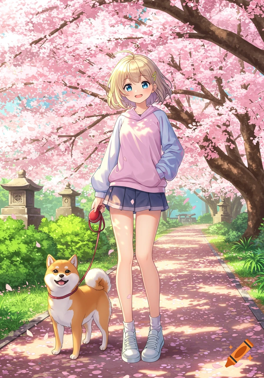 An anime girl with a Shiba Inu dog walks along a path under blooming cherry blossom trees.