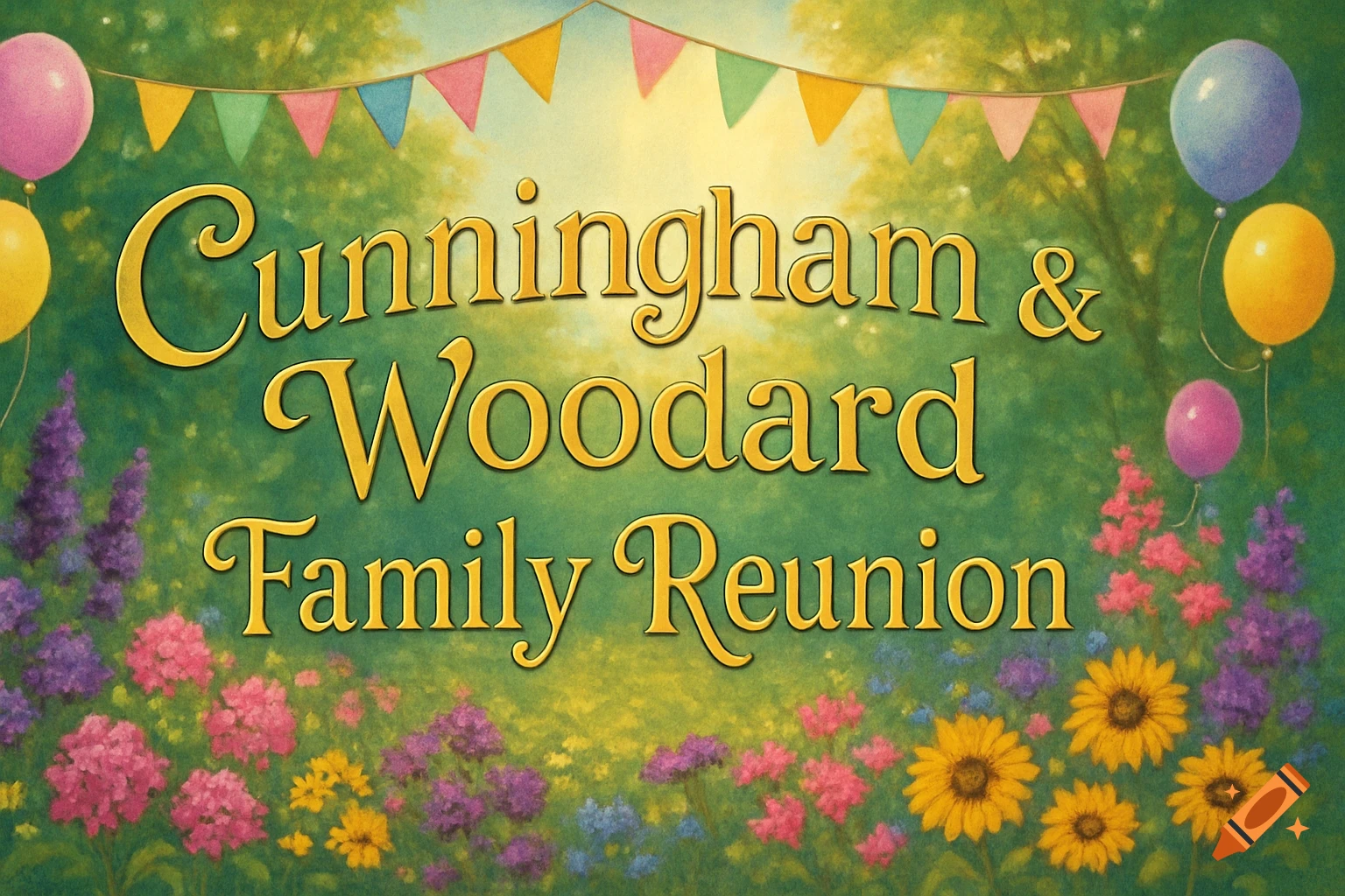 A colorful banner for the "Cunningham & Woodard Family Reunion" set against a lush green background with balloons and vibrant flowers.