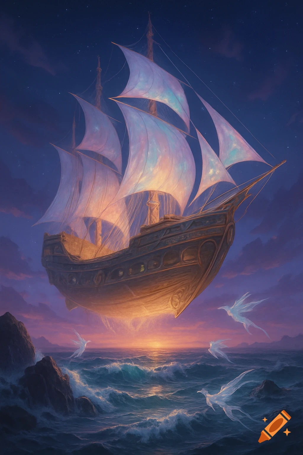 A glowing, majestic fantasy ship with iridescent sails floats above a rough sea at sunset, with ethereal, ghost-like figures flying around it.