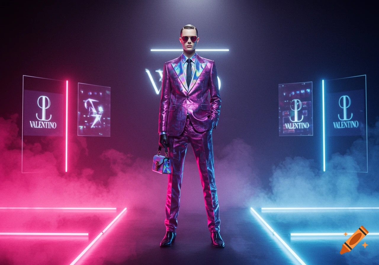 A man in a shiny purple suit and sunglasses stands on a neon-lit stage, holding a small purse. "VALENTINO" text is visible on screens and a large stylized neon sign in the background, amidst pink and blue smoke.