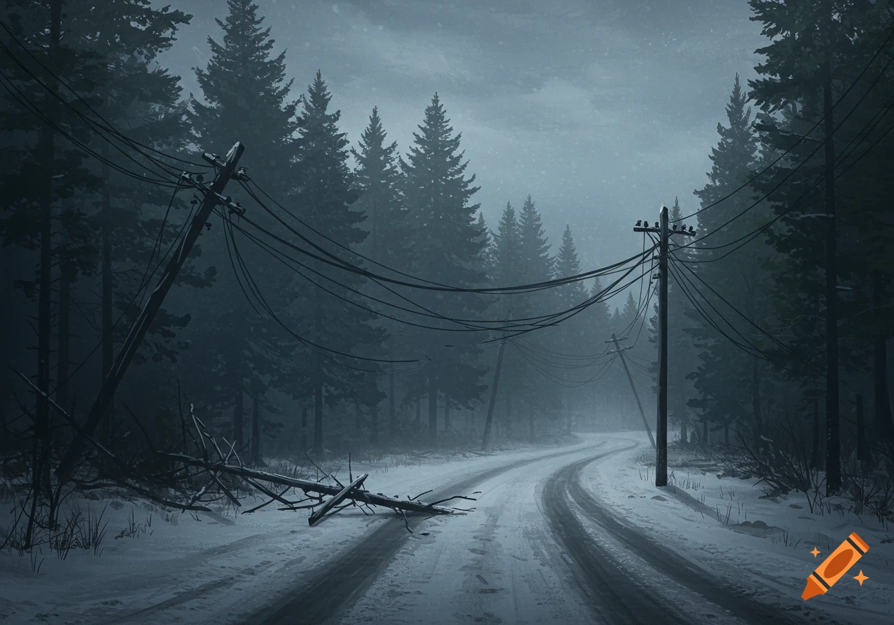 A winding snowy road through a dark pine forest with broken power lines under an overcast sky.