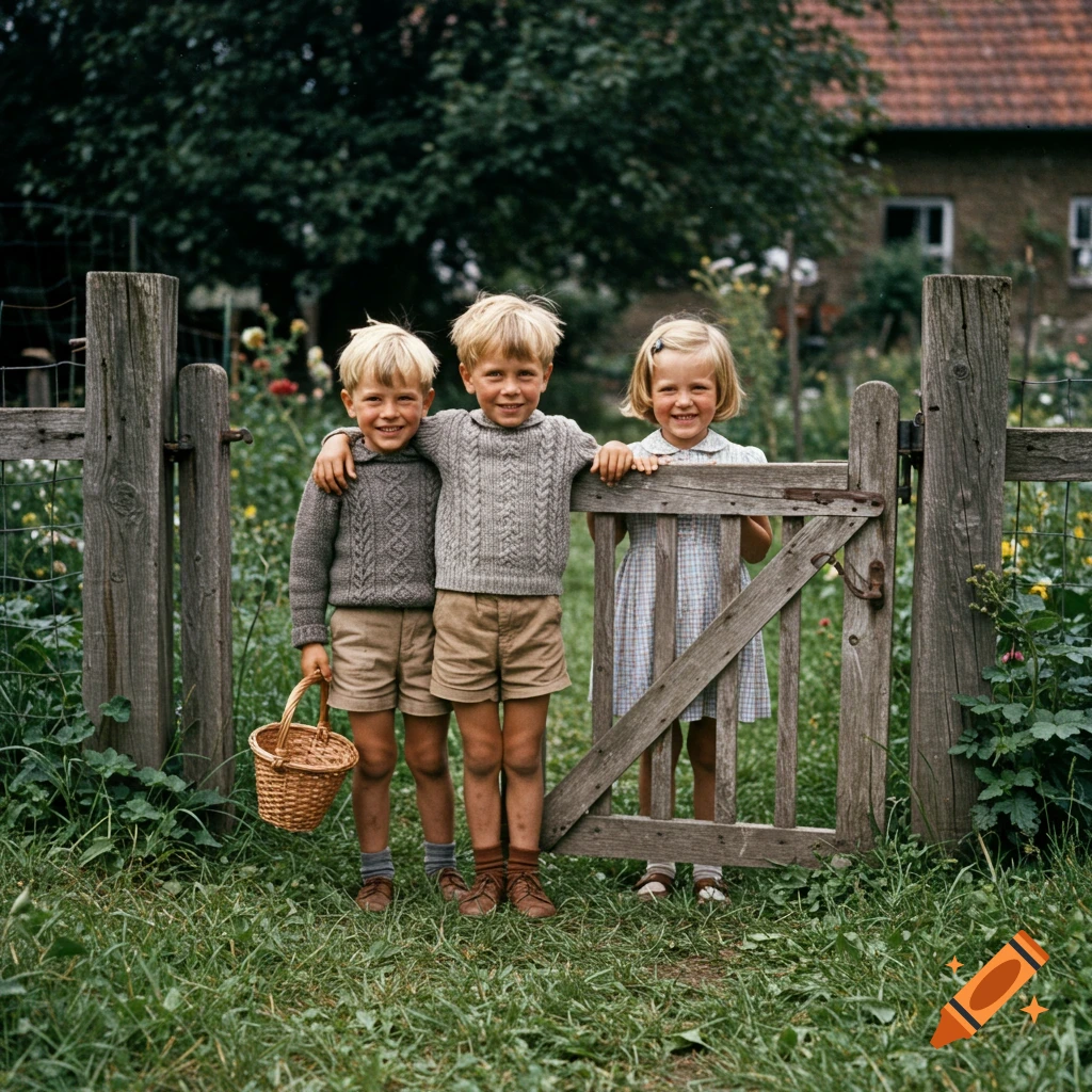Two boys and a girl smiling through a rustic wooden gate in a garden, with one boy holding a basket. Photorealistic.