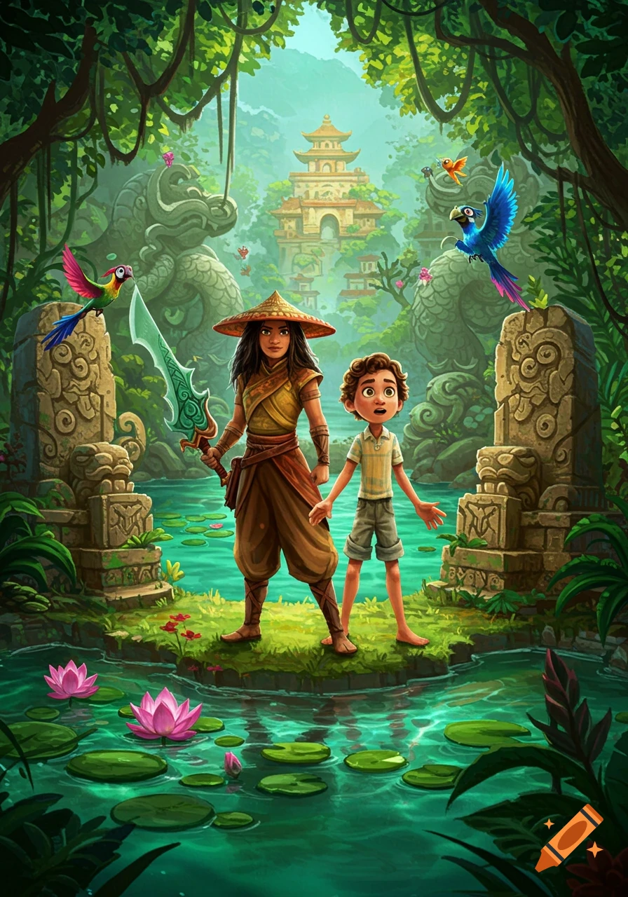 Raya and Luca stand in a vibrant green jungle with a temple and river. Raya holds a sword while Luca looks surprised, as colorful birds fly above.