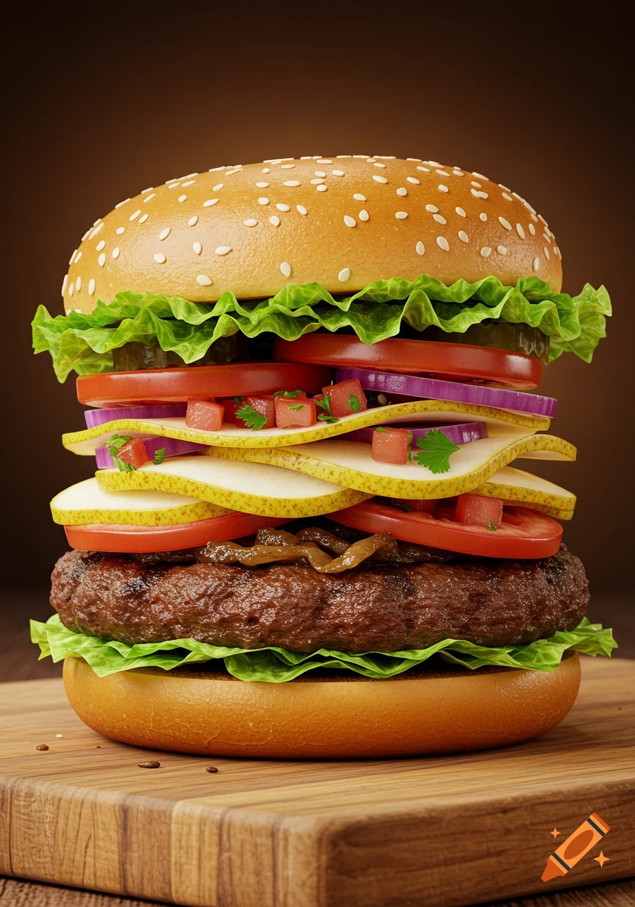 A photorealistic close-up of a tall burger with lettuce, tomato, onion, pear slices, salsa, and a patty on a wooden board.