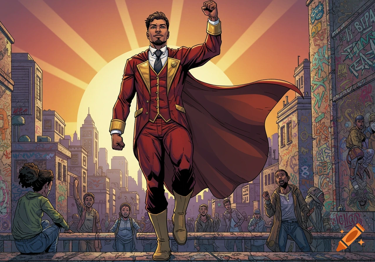 A comic book style superhero in a red suit and cape raises his fist in an urban setting with a sunburst.
