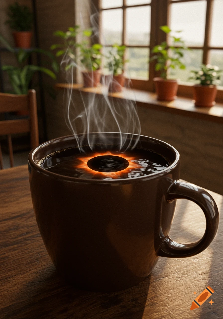A dark coffee mug on a wooden table, with steam rising from the coffee that reflects a glowing solar eclipse. Potted plants line a sunlit window in the background.
