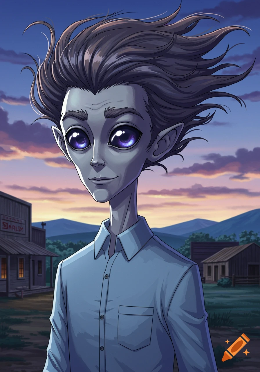 A cartoonish, gray-skinned alien with large purple eyes and wild dark hair, wearing a light blue shirt, stands in a western town at sunset. Anime style.