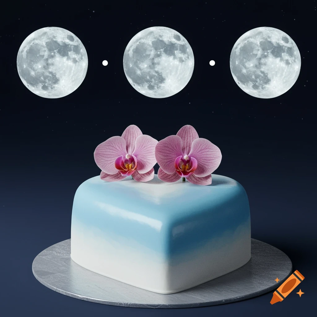 A heart-shaped cake with a blue-to-white gradient, topped with two pink orchids, under a night sky with three full moons.