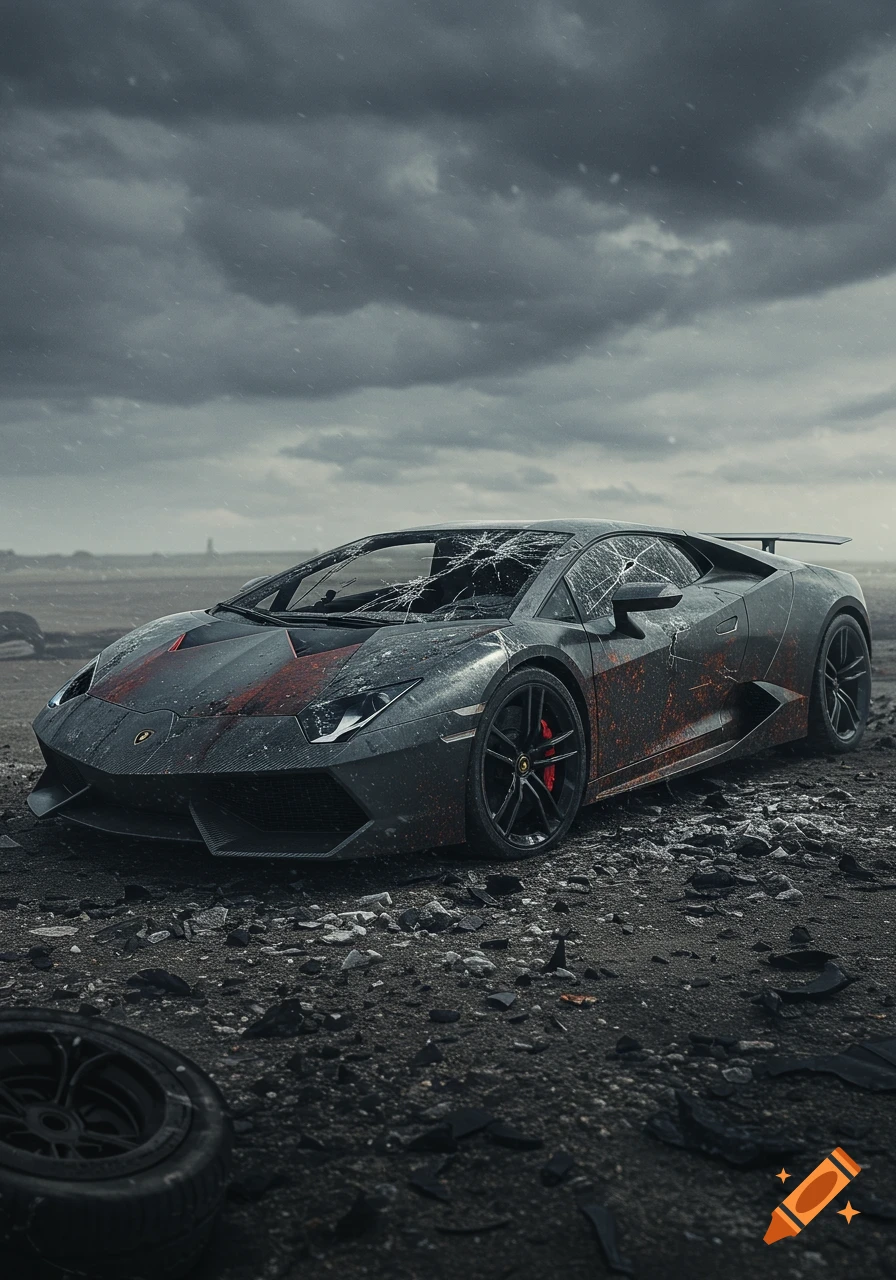A totaled gray Lamborghini Sesto Elemento with a shattered windshield sits on a dirt road under a stormy sky, amidst debris and a loose tire.