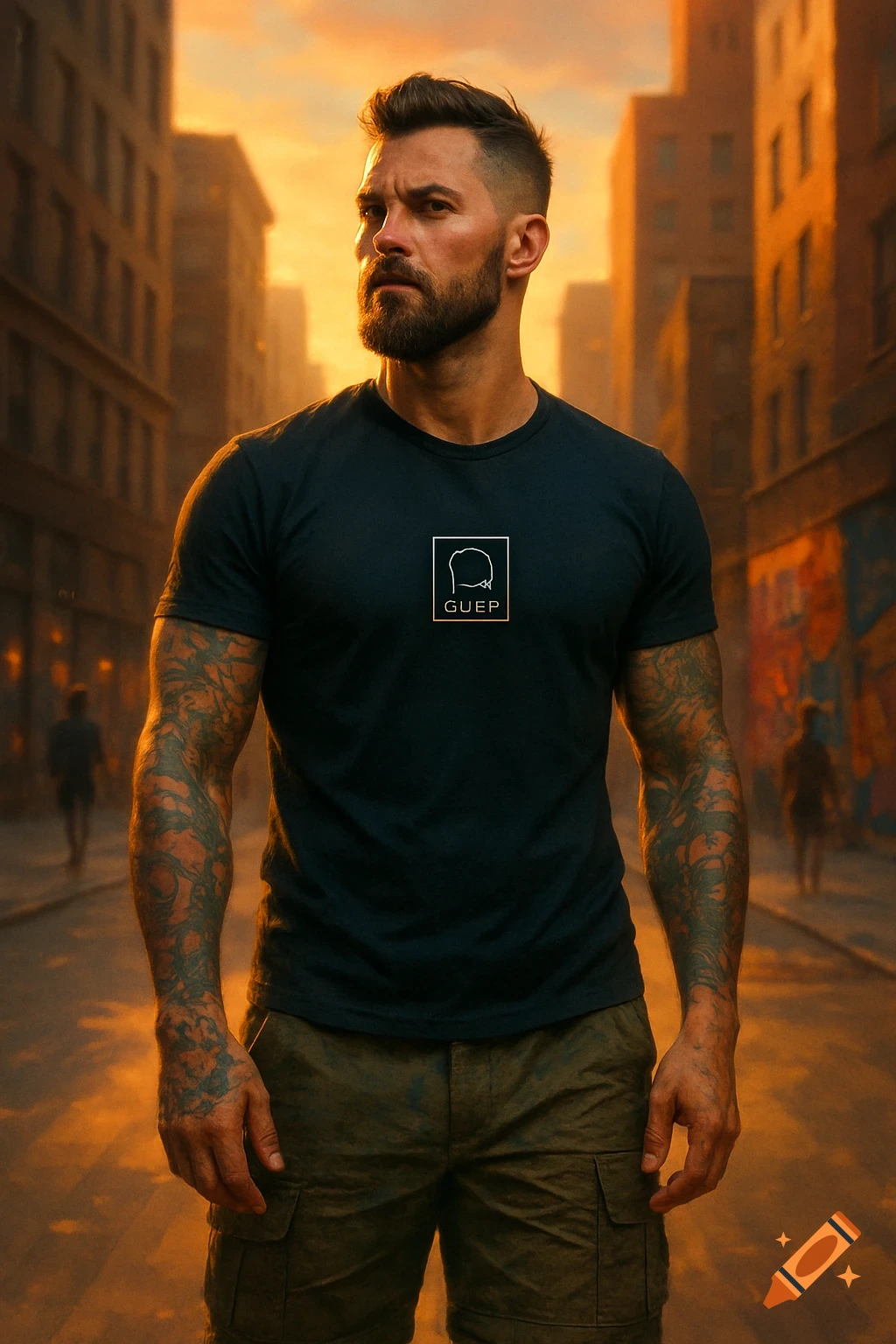 A muscular man with a beard and tattoos wearing a dark t-shirt and cargo shorts stands in an urban street at sunset, looking to the side. Photorealistic style.