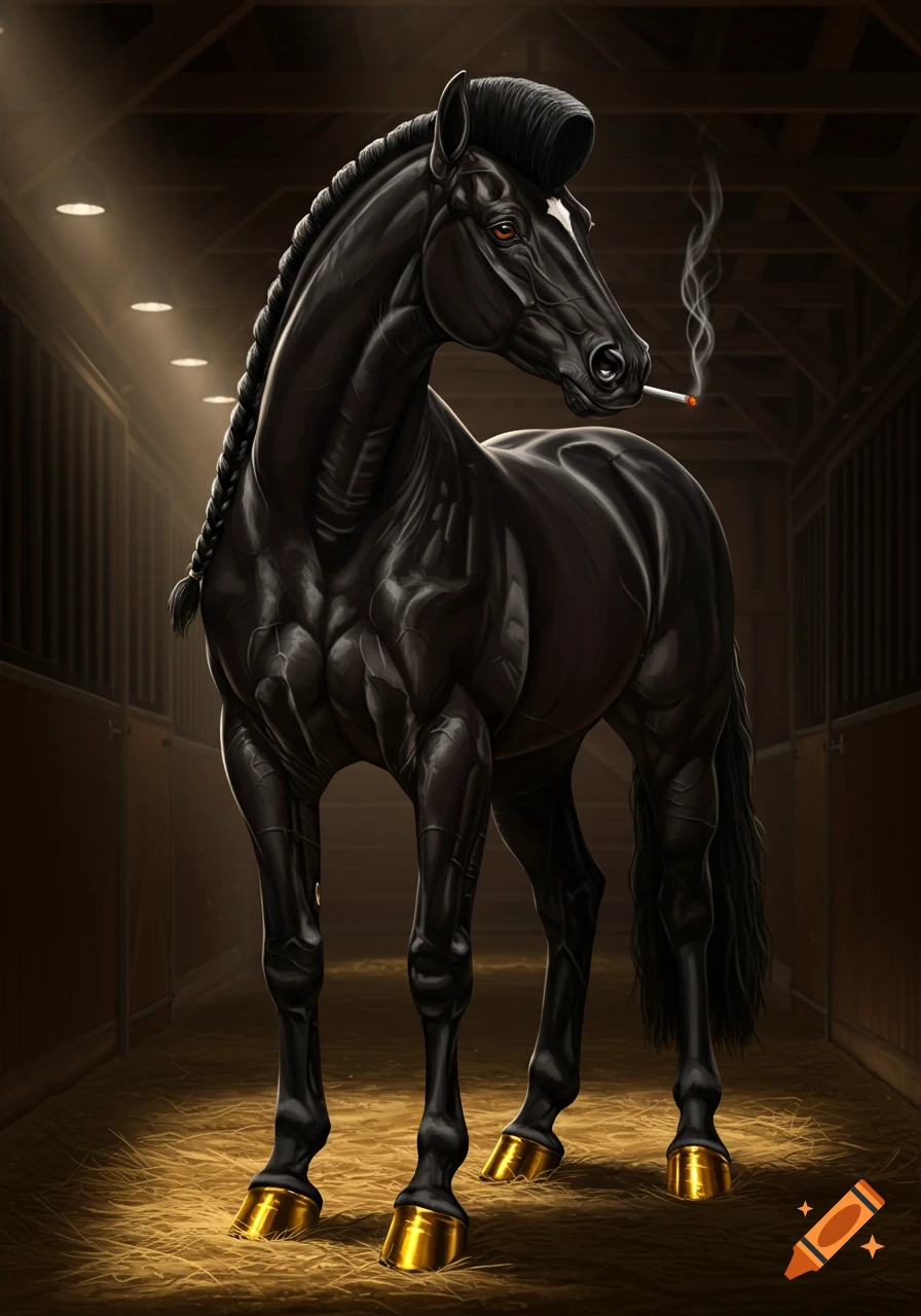 A black horse with a flat-top haircut and braided tail stands in a stable, smoking a cigarette, with golden hooves.