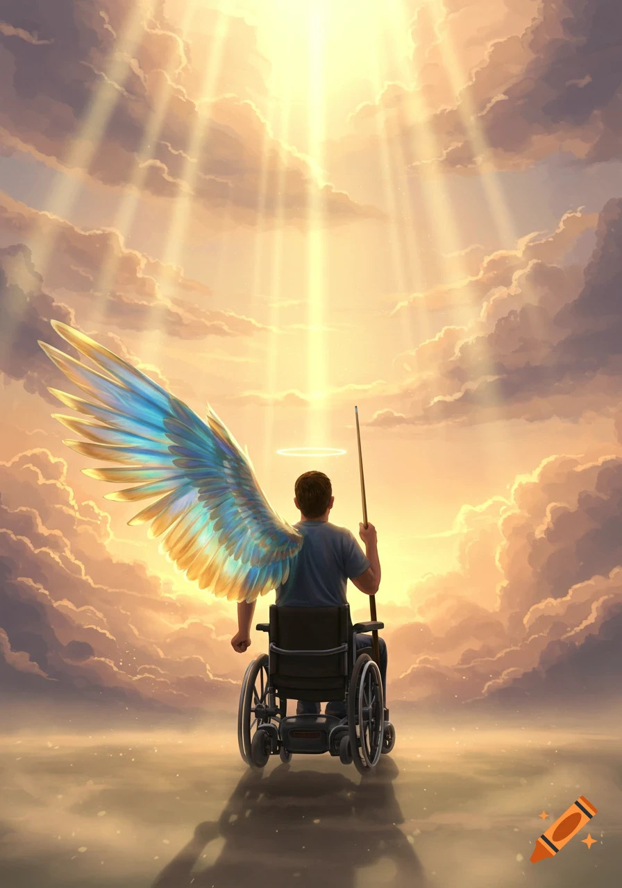 A man in a wheelchair with a colorful wing and halo looks up at bright rays of light shining through clouds.