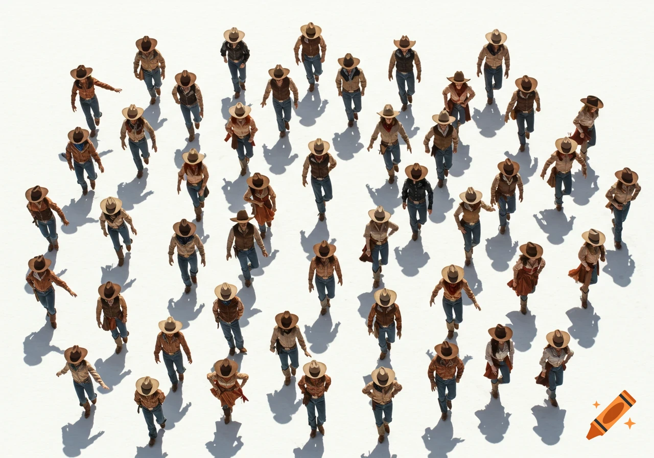 Aerial view of many people wearing cowboy hats walking in rows on a white background.
