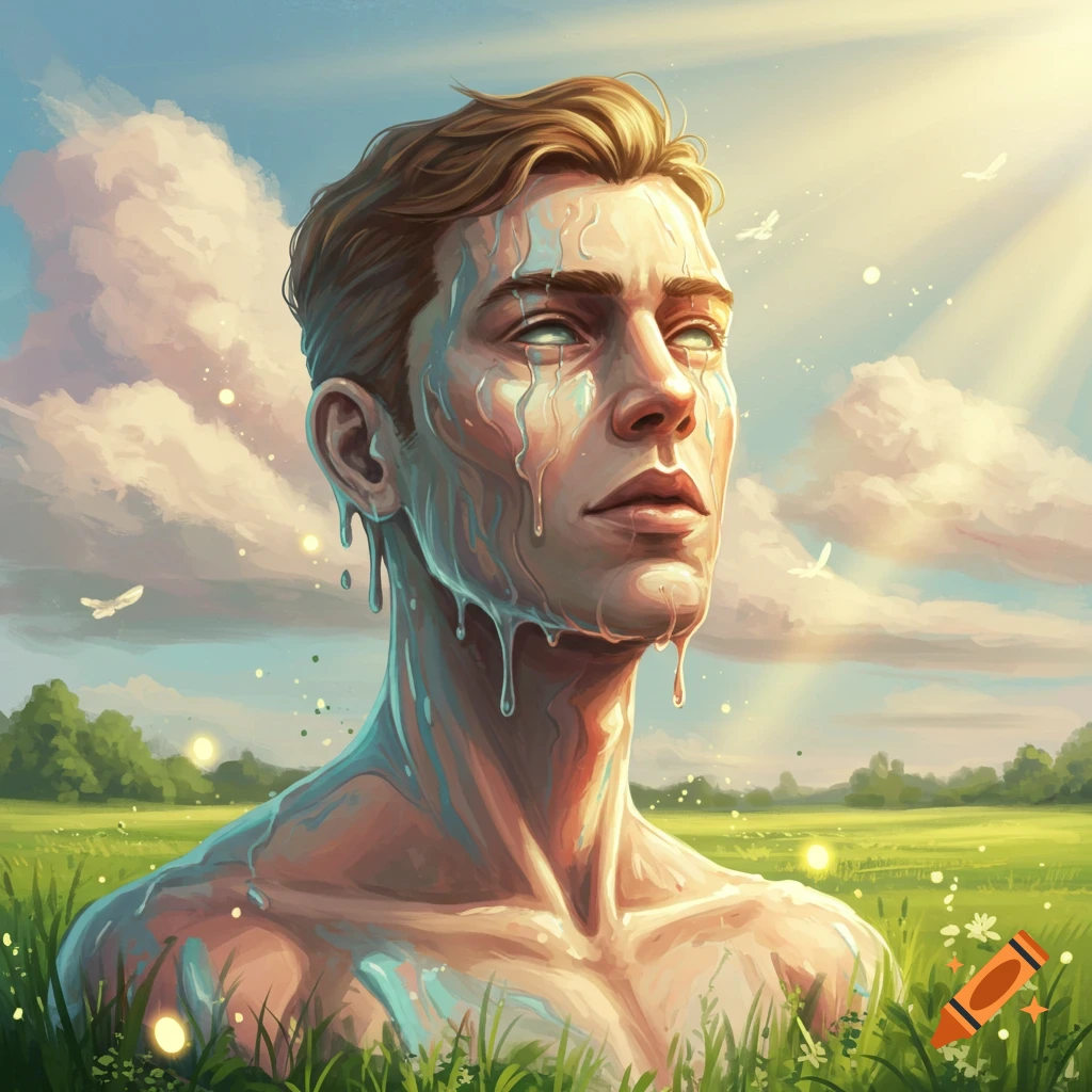Digital painting of a man with liquid dripping from his face and body, looking up at the sky in a grassy field.