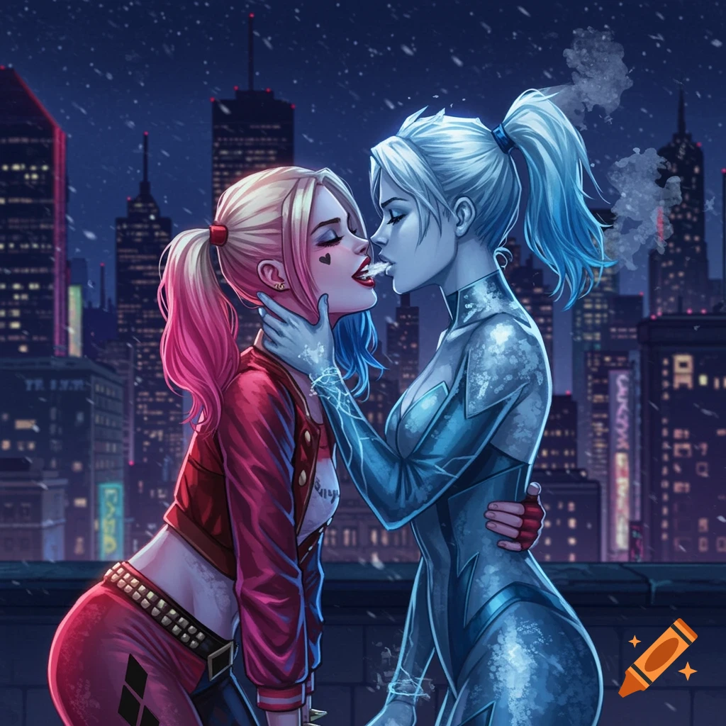Harley Quinn and Killer Frost kissing on a snowy rooftop with a city skyline at night, in a comic book illustration style.