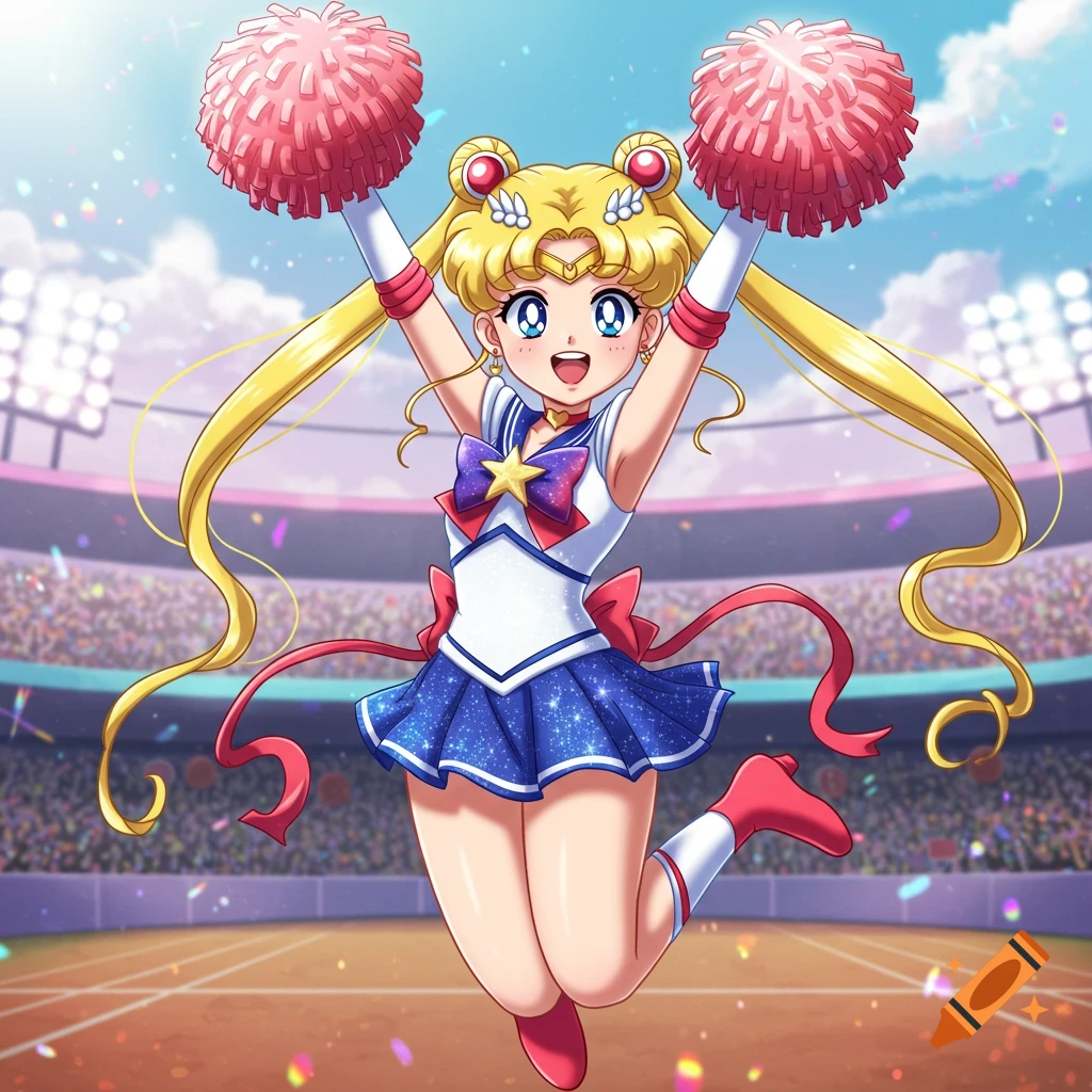 A vibrant anime-style image of Sailor Moon in a cheerleading outfit, jumping excitedly in a stadium.