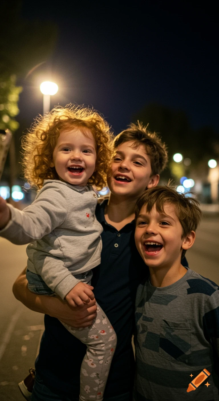 Three happy children, including a toddler with red curly hair, smiling and laughing at night under streetlights. Photorealistic style.
