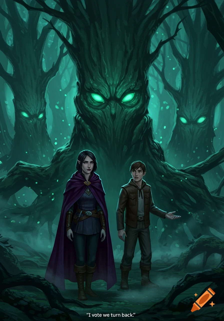 A woman in a purple cape and a man stand in a dark, teal-toned forest with gnarled trees featuring glowing green eyes. Text reads: "I vote we turn back."