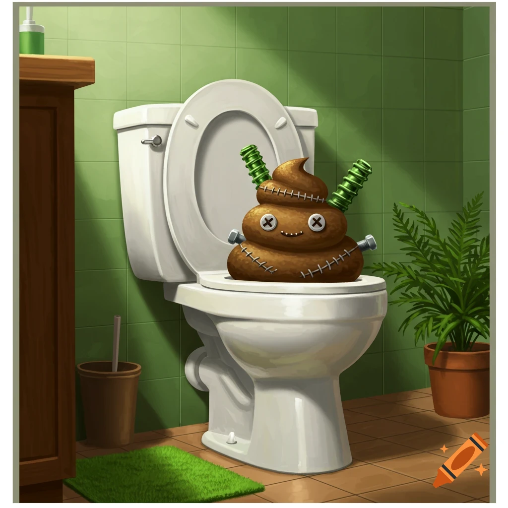 A happy cartoon Frankenstein-like poop monster sits on a white toilet in a green-tiled bathroom.