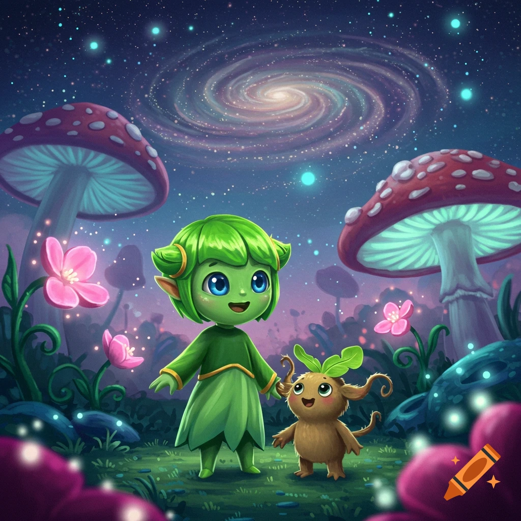 A whimsical cartoon of a green plant-like humanoid and a brown leafy creature in a magical forest under a starry galaxy sky.