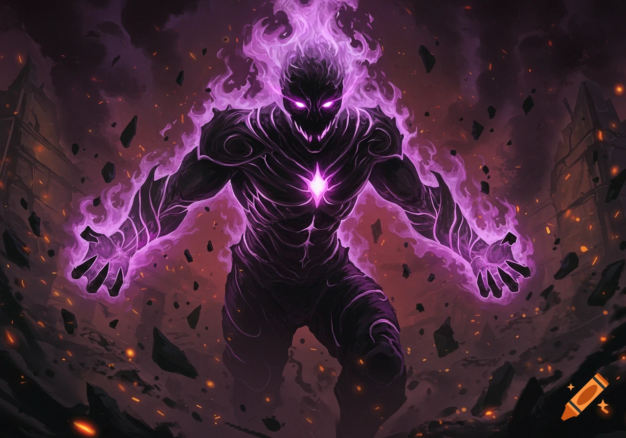 A muscular, shadowy figure with purple flames and glowing eyes emerges from a dark, ruined landscape, in a comic art style.