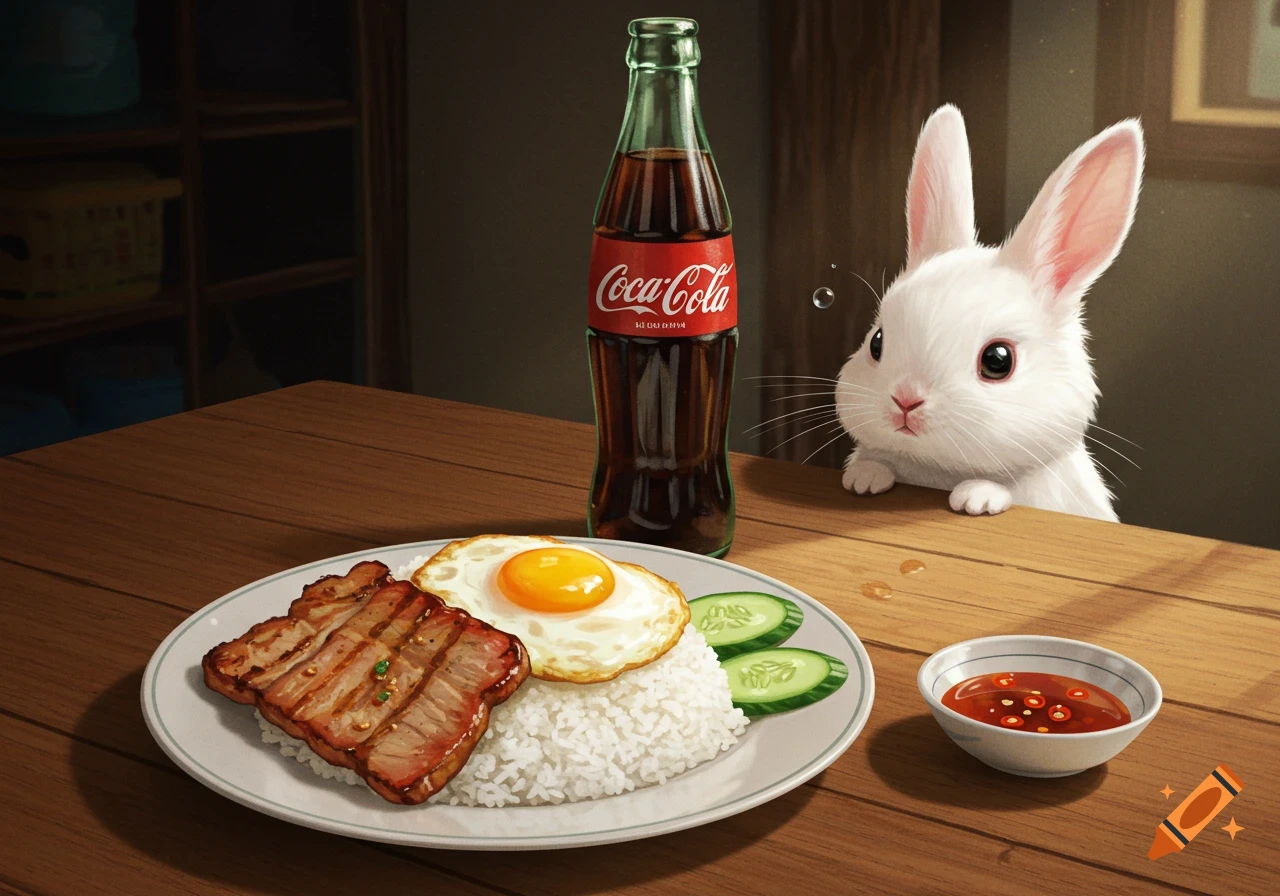 A white baby bunny peeks over a wooden table at a plate of Cơm tấm (grilled pork, rice, fried egg, cucumber slices) and a Coca-Cola bottle.