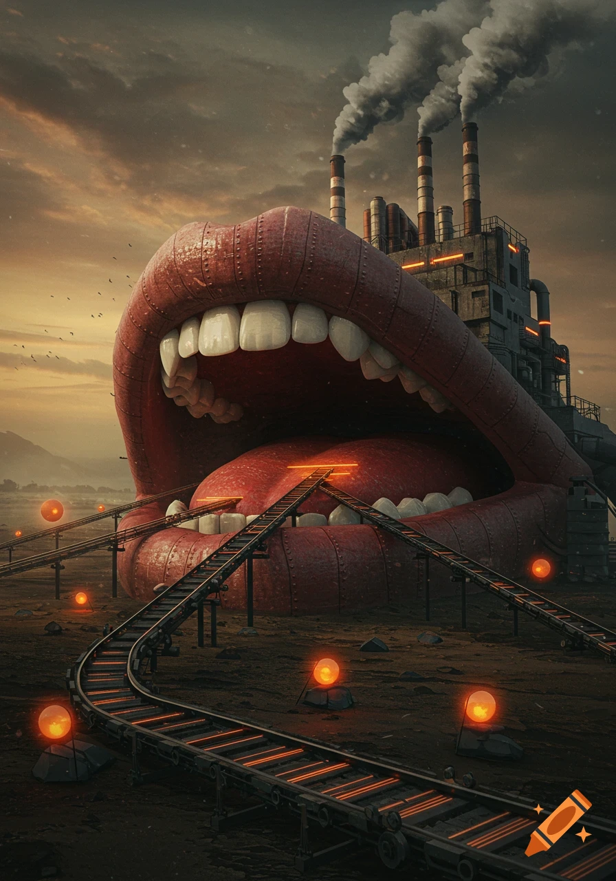 A surreal image of a giant mouth-shaped factory with smoking chimneys and conveyor belts under an orange sky.