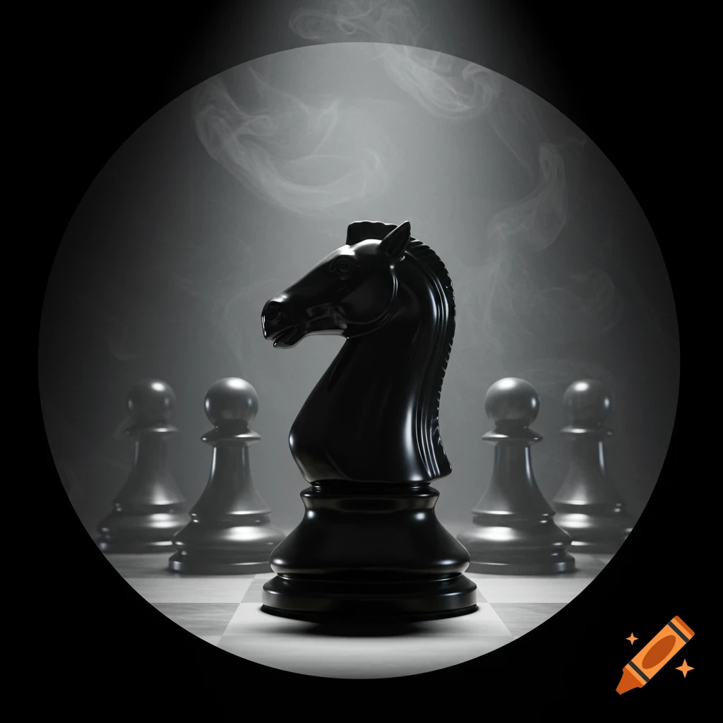 A black chess knight stands prominently in the foreground with four black pawns behind it, bathed in a spotlight within a smoky, dark background.