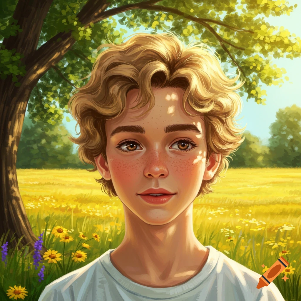 A young boy with blonde curly hair and freckles stands in a sunlit field of yellow flowers and green trees, in an illustrative style.