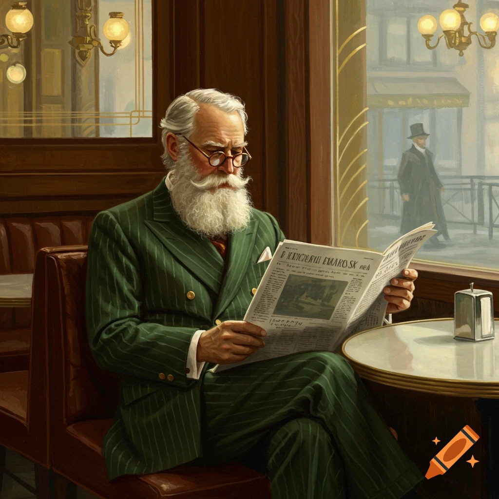 An old man with a white beard and glasses, wearing a green pinstripe suit, reads a newspaper in a cafe, painted in oil style.