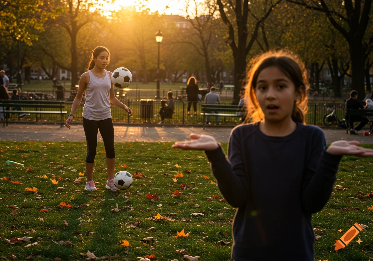 Two girls in a park at sunset, one juggling a soccer ball in the background while the other, out of focus, shrugs in the foreground.