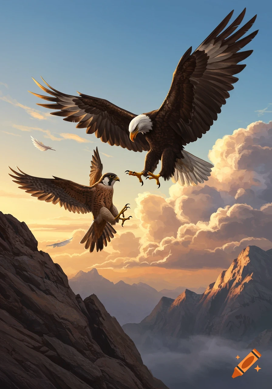An eagle and a falcon soar in a mountain landscape at sunset, with dramatic clouds.