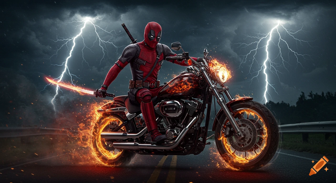 Deadpool rides a flaming motorcycle on a road, holding a glowing sword, as lightning strikes in a stormy sky.