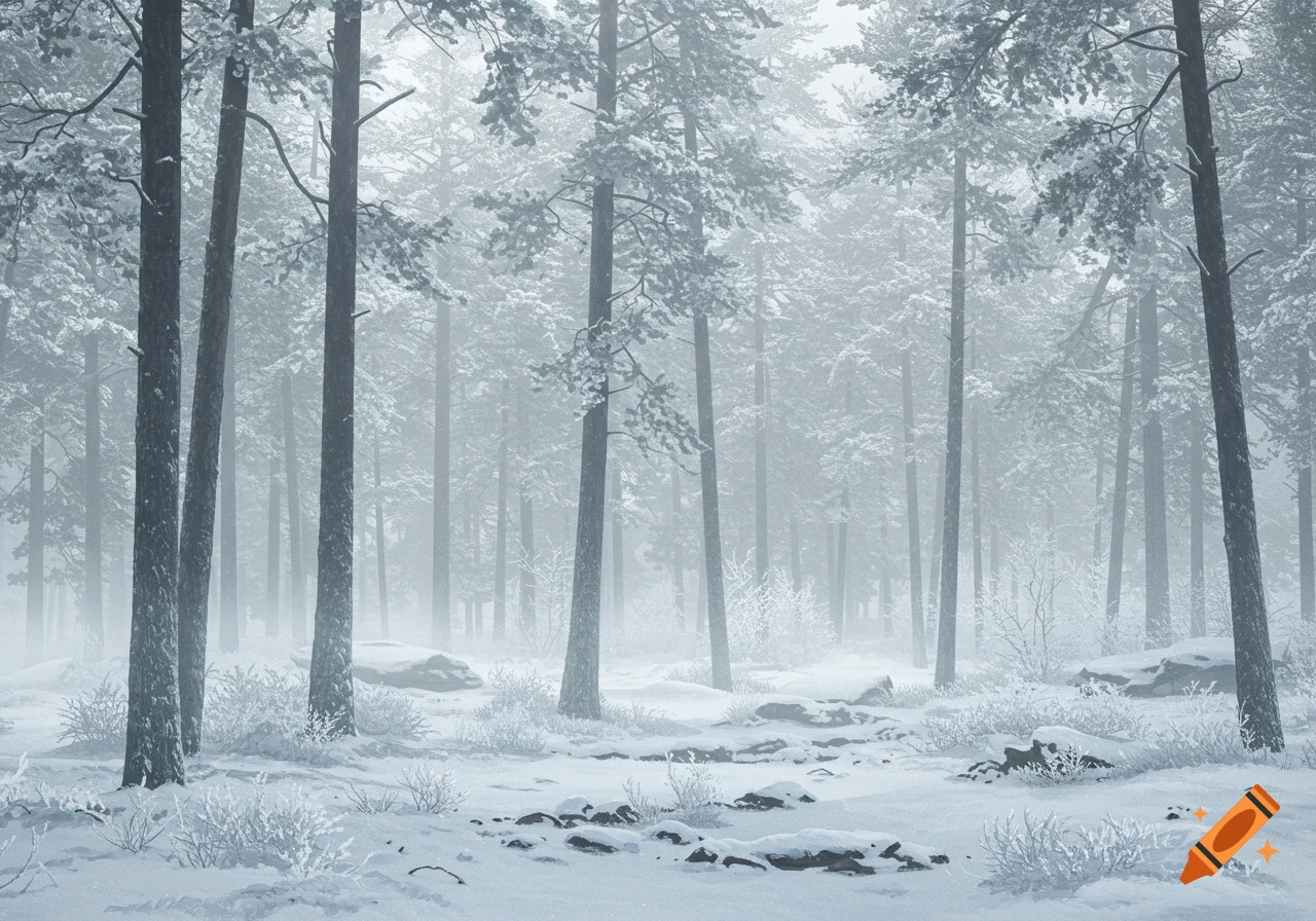 A dense, snow-covered forest on a foggy winter day.