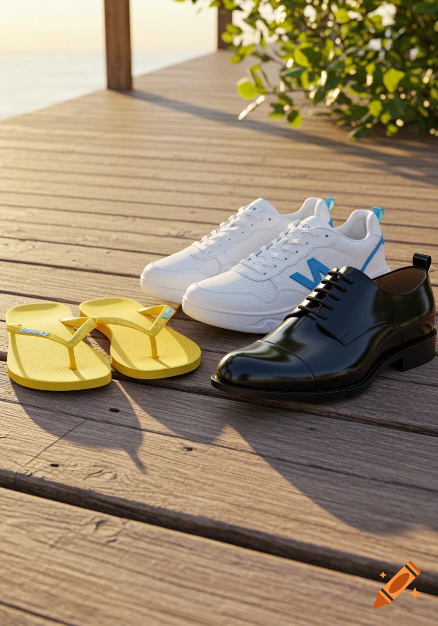 A pair of yellow flip-flops, white sneakers with blue accents, and black dress shoes neatly arranged on a sunlit wooden deck by the water.