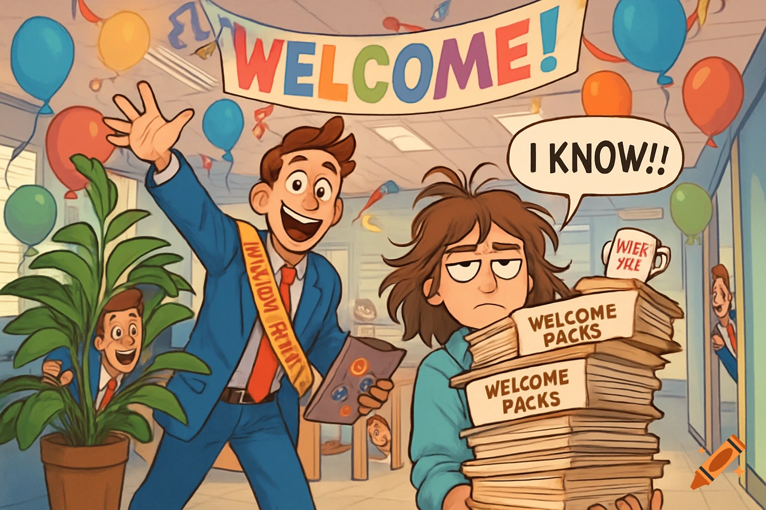 A cheerful man in a suit with a yellow sash waves behind a plant, while a tired person with messy hair struggles to carry a large stack of "Welcome Packs" folders, rolling their eyes.