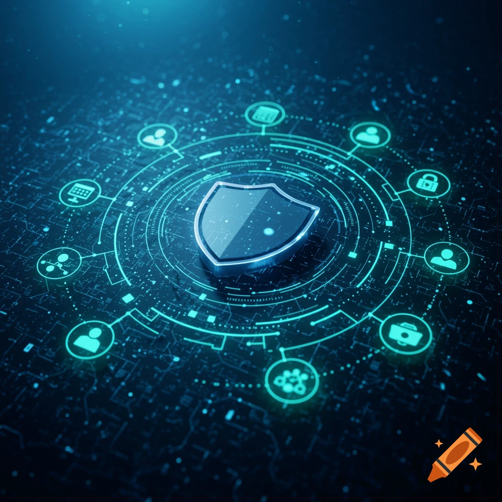 A glowing blue shield icon at the center of a digital circuit board with connected data icons, representing cybersecurity.