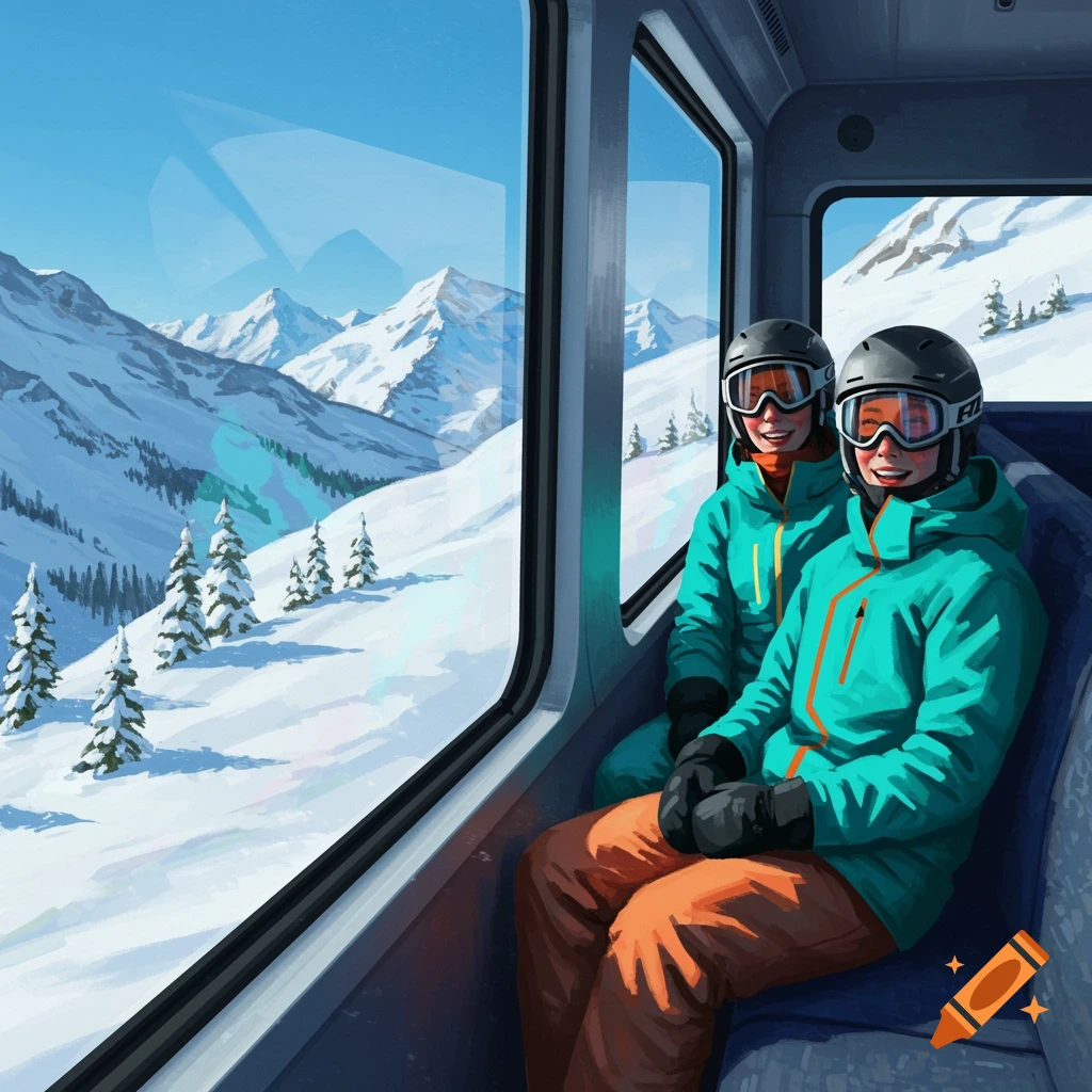 Two people in ski gear and helmets sit on a train, looking out a large window at a snowy mountain landscape with pine trees.