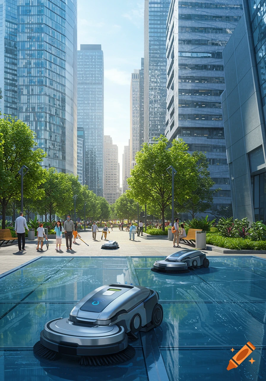 Futuristic city square with tall buildings, lush trees, people, and robotic cleaners on a wet, reflective surface in the foreground.