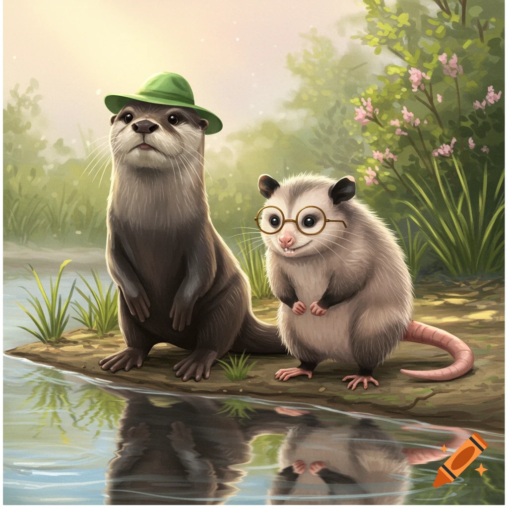 A cute otter in a green hat and a possum in glasses stand by a riverbank in a forest.