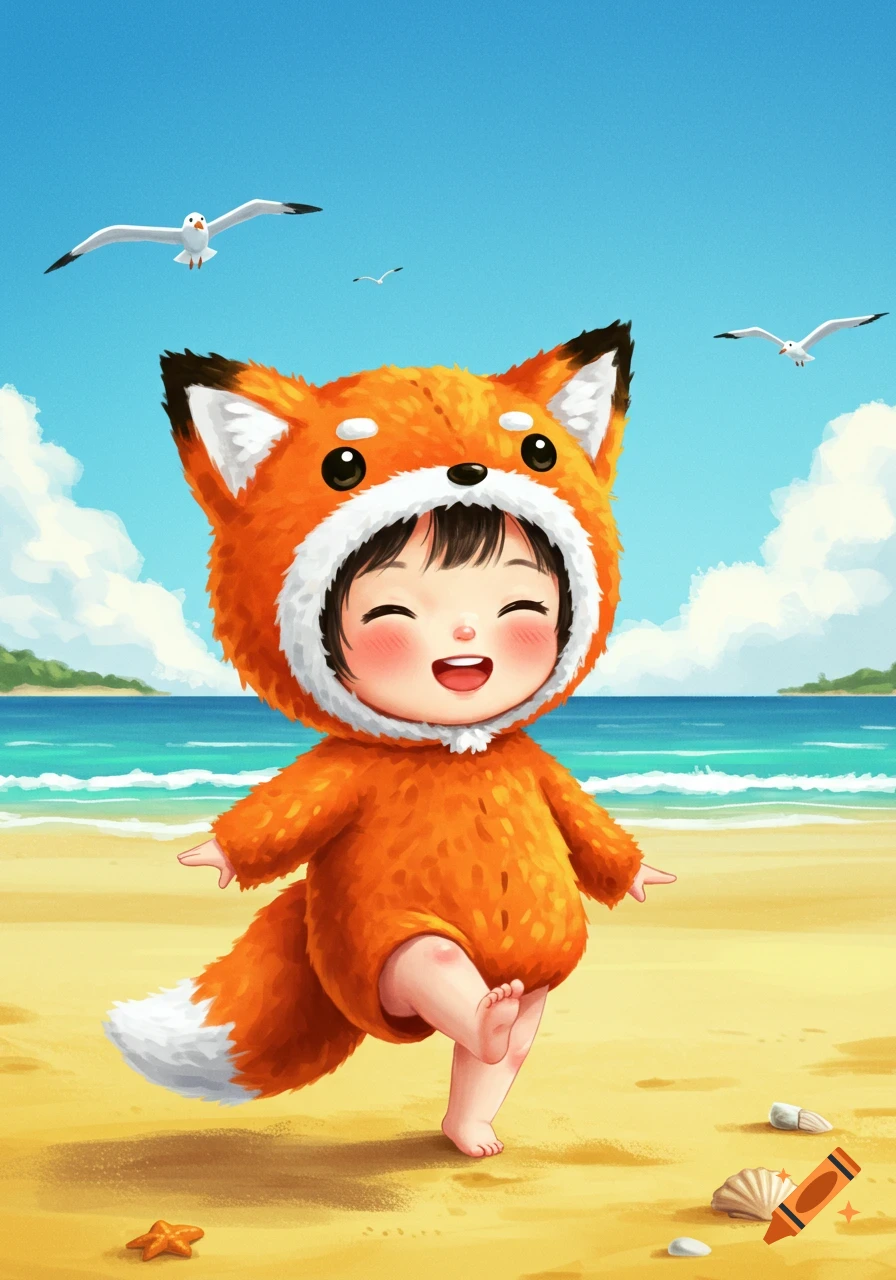 A cute, cartoon-style child in an orange fox costume walks on a sandy beach with the ocean and gulls in the background.
