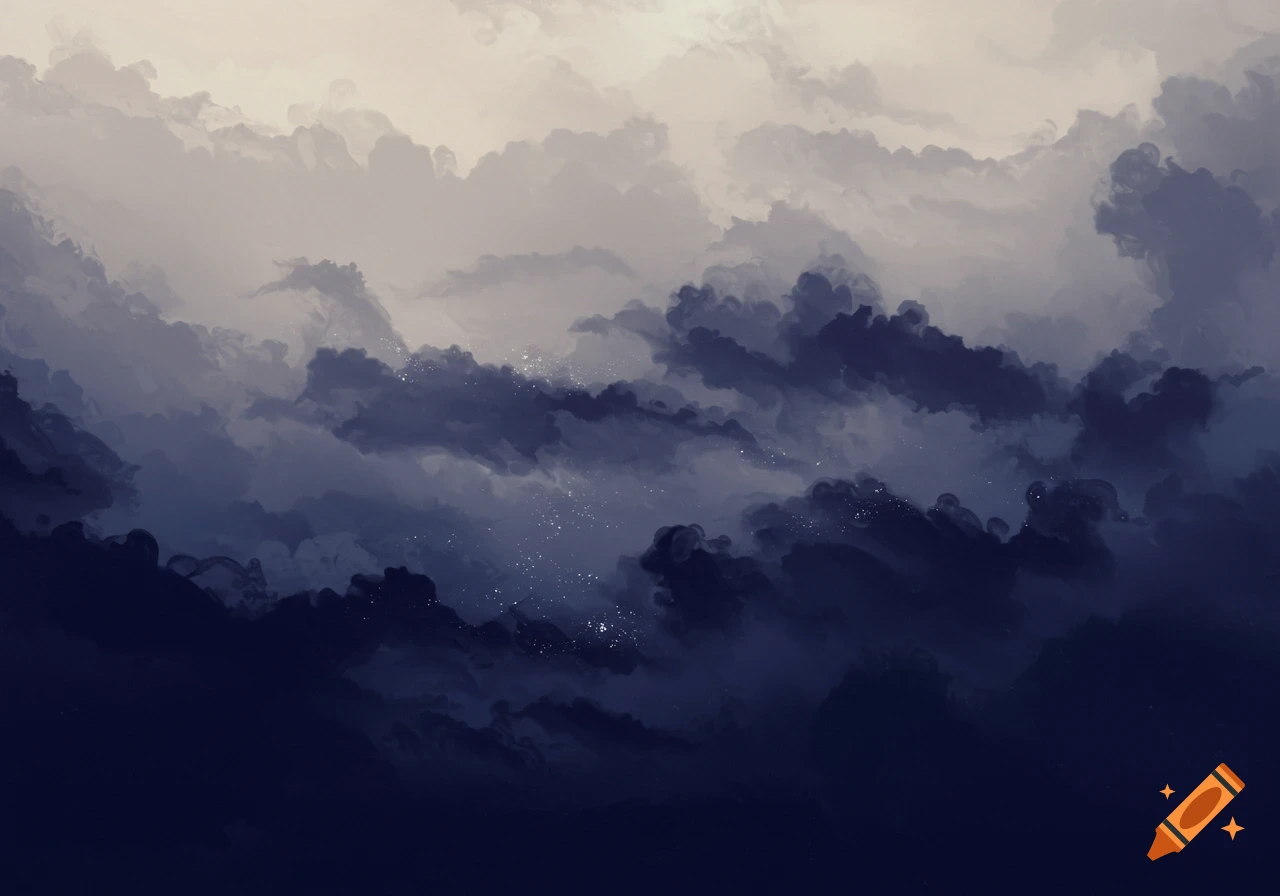 A digitally painted abstract sky with light grey clouds at the top blending into deep indigo clouds at the bottom, with small white specks.