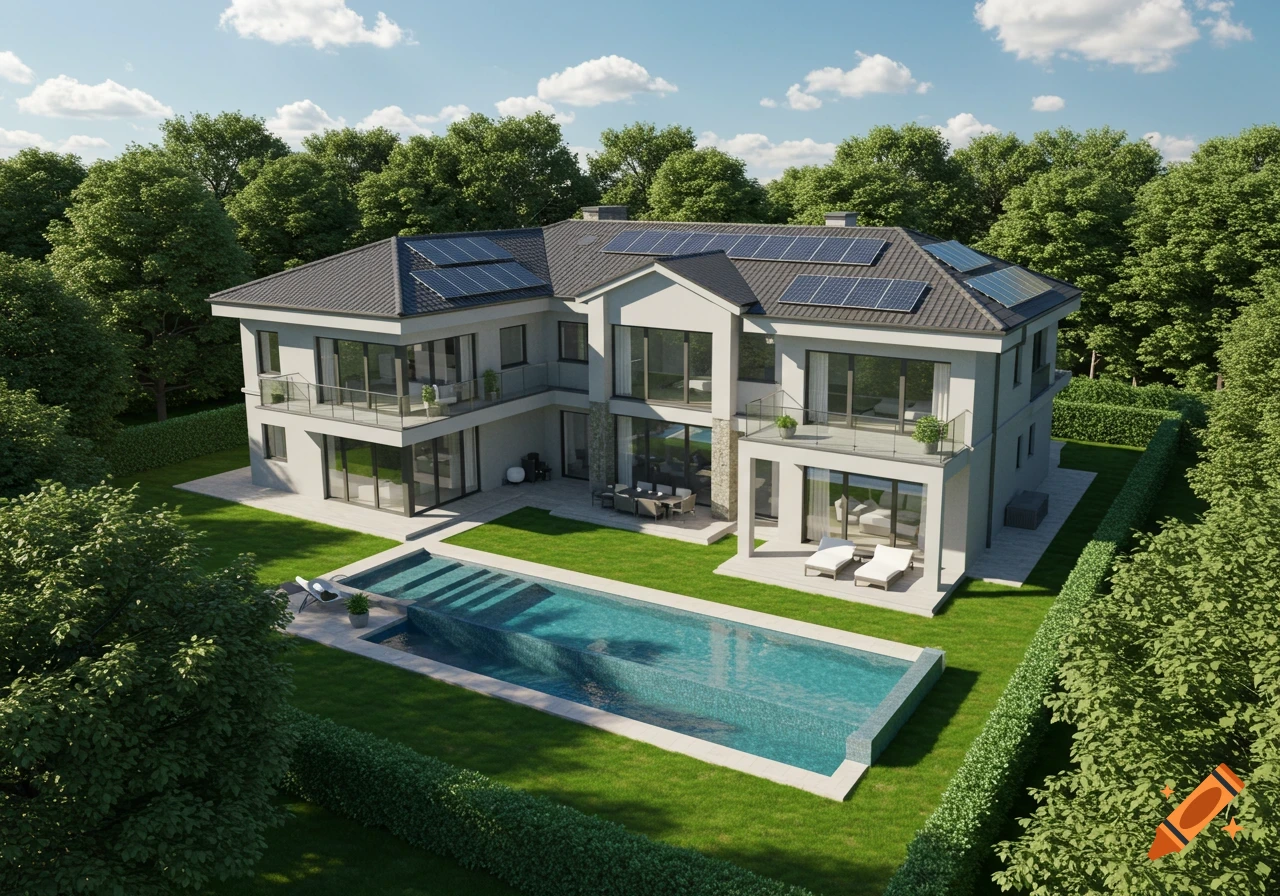 A modern two-story villa with solar panels on the roof, a large rectangular pool, and lush green landscaping under a sunny sky.