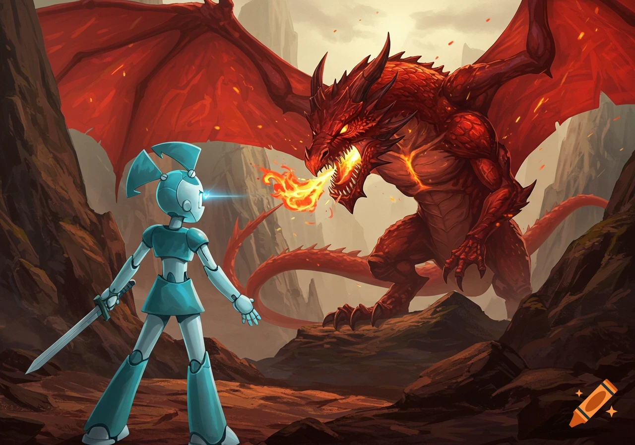 A turquoise robot holding a sword faces a large red fire-breathing dragon in a rocky, mountainous landscape.