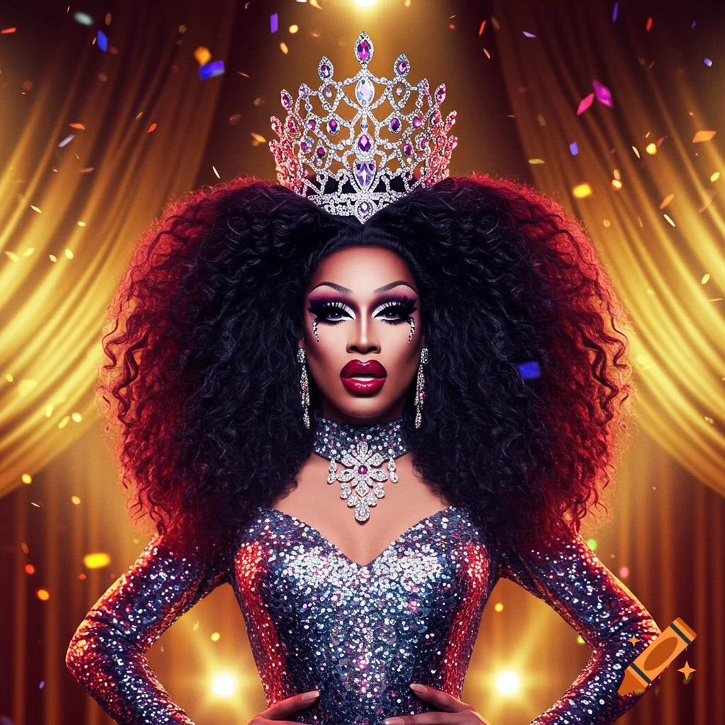 A glamorous drag queen in a sparkly dress, bejeweled tiara, dramatic makeup, and large curly hair on a golden stage with confetti.
