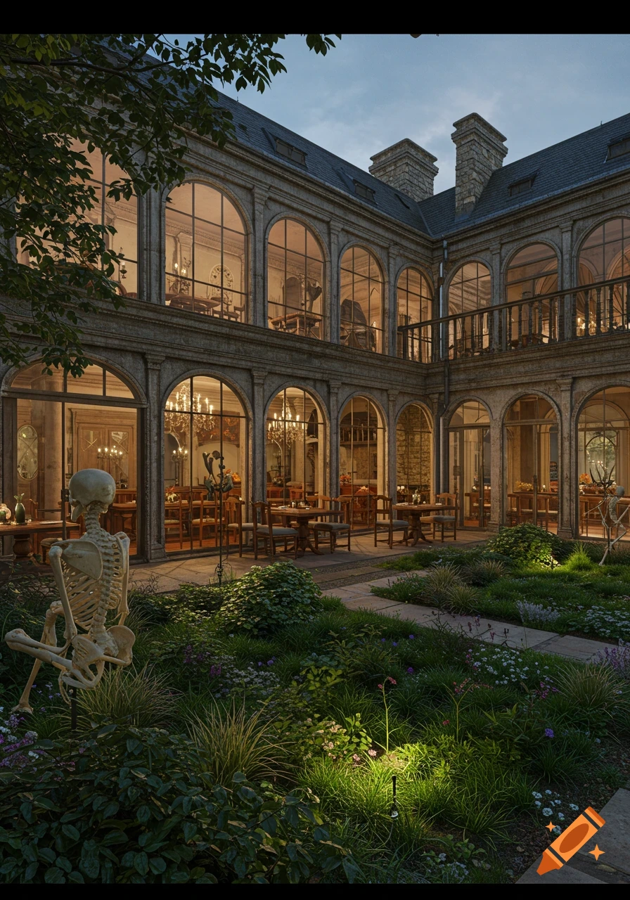 A large stone building with arched windows overlooks a lush courtyard garden, illuminated by evening light. Skeleton figures decorate the garden.