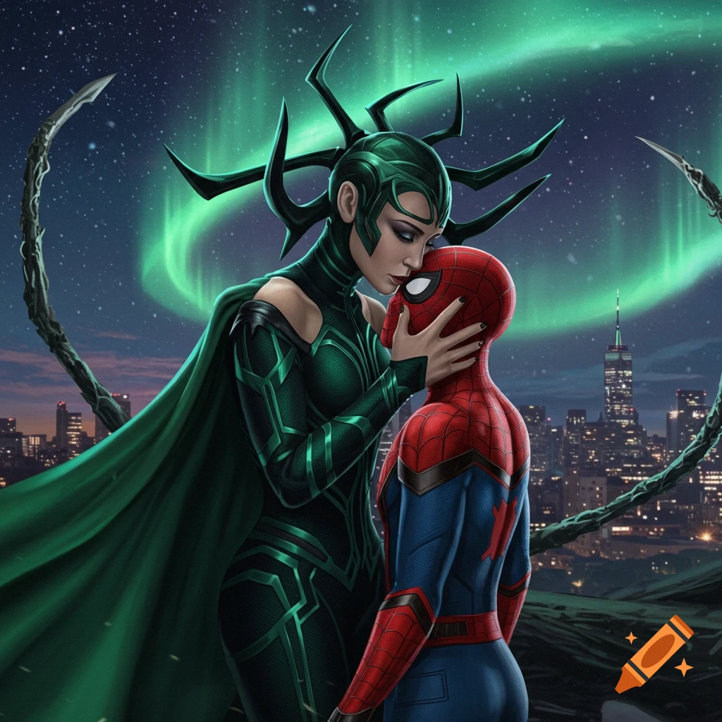 Hela, in green armor and cape, gently holds Spider-Man's face as she leans in to kiss him under a green aurora over a city.