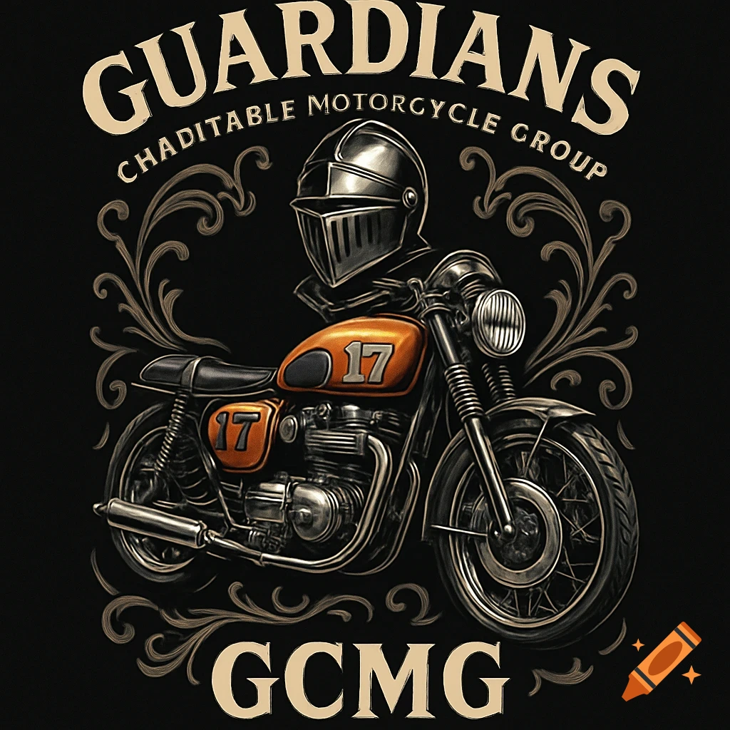 Vintage-style t-shirt design featuring a motorcycle with an orange gas tank and the number 17, with a knight's helmet above. Text reads "GUARDIANS CHADITABLE MOTORCYCLE GROUP" and "GCMG".
