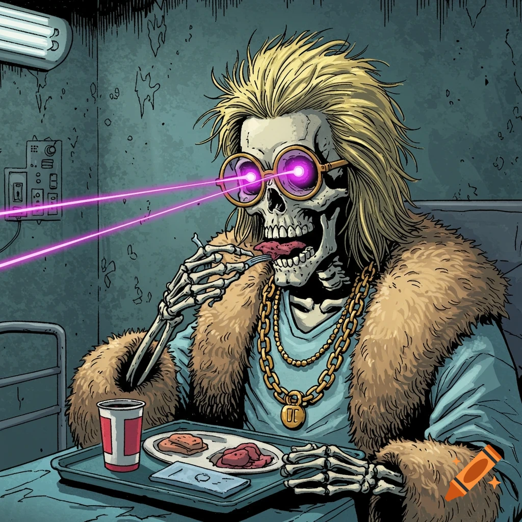 A comic book style illustration of a skeleton with blonde hair, sunglasses, fur coat, and gold chains, eating hospital food with laser eyes.
